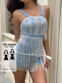 Rivivi Petite Celana Kargo Denim Model Bustier dengan Hiasan Rumbai untuk Wanita - Biru - View 1