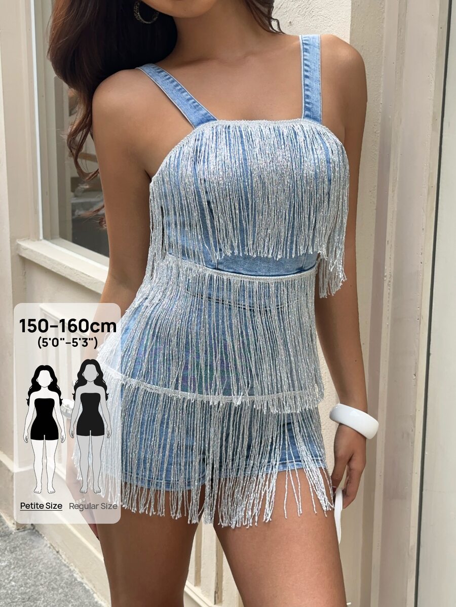Rivivi Petite Celana Kargo Denim Model Bustier dengan Hiasan Rumbai untuk Wanita - Biru - View 1