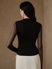Anewsta Luxury High-End Ruched Neck Mesh Patchwork Top, Slightly Sheer Long Sleeve Fitted Versatile Commuter Innerwear - Black - View 2
