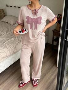 Napfluff CURVE Napfluff CURVE Plus Size Women's Casual Knit Jacquard Embroidered Tie-Front Loungewear Pajama Set - Apricot - View 5