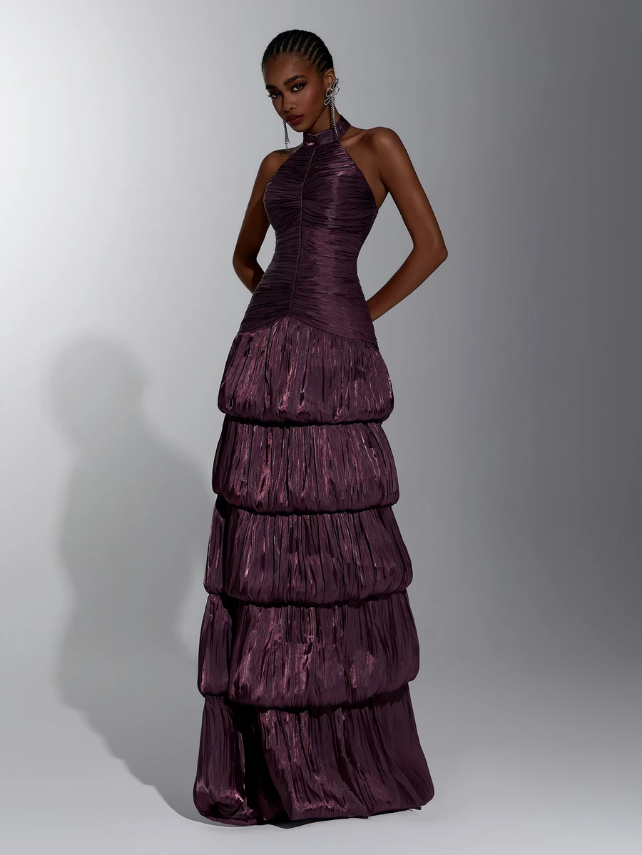 Elitara Elegant Coffee Brown Shiny Satin Stand Collar Backless Multi-Layer Ruffle A-Line Evening Gown - Coffee Brown - View 1