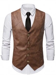 Manfinity Bizformal 男士棕色修身成熟休閒丹寧風百搭背心 - 棕色 - 查看 6