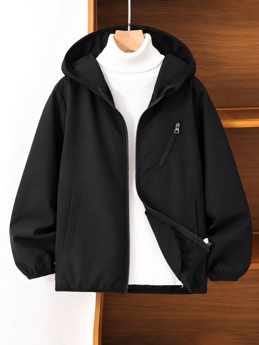 1pc Boys Casual Basic Hoodie Jacket, Suitable For Daily Commute, School, Outdoor Wear, Layering, All Seasons - Black - View 1