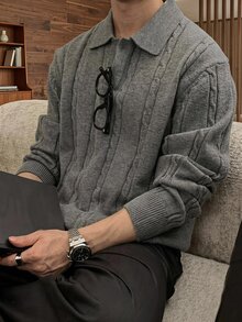 SWAVVY 男士時尚素色長袖毛衣，適合日常穿著 - 灰色 - 查看 1