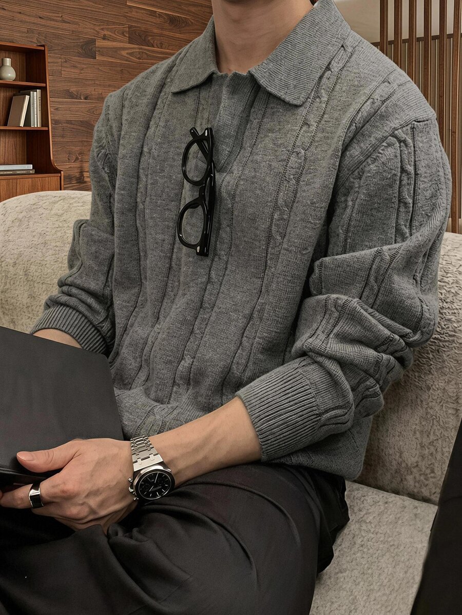 SWAVVY 男士時尚素色長袖毛衣,適合日常穿著 - 灰色 - 查看 1