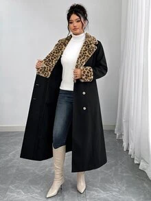 Elenzga Plus Size Women's New Leopard Print Patchwork Solid Color Wool Blend Mid-Length Coat, Autumn/Winter Overcoat, Fashion Coat, Mid-Length Coat, Overcoat - Black - View 5