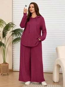 Rosumi 大尺碼女款休閒深灰色連帽上衣與長褲兩件套，附口袋，秋冬季 - 中紫紅色 - 查看 1