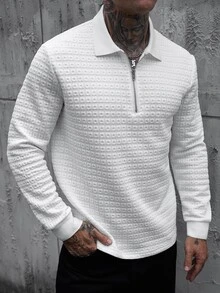Manfinity CasualCool Men's Textured Long Sleeve Zipper Design Casual Polo Shirt - White - View 5
