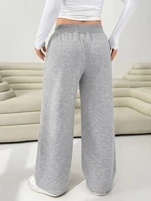 Solflare Plus Size Women's Drawstring Waist Pocket Loose Straight Leg Pants - Grey - View 2