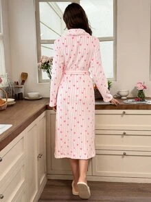 Snug Reverie Romantic Fresh Women's Plush Pink Striped Heart Print Long Robe, Autumn/Winter - Multicolor - View 2