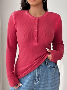 GalTyme Plus Size Women's Autumn/Winter Vintage Distressed Acid Wash Crew Neck Half-Button Long Sleeve T-Shirt - Burgundy - View 5