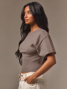 Athîral Women's Solid Color Round Neck Slimming Waist Fashion Versatile Short Sleeve Knit Top - Khaki - View 4
