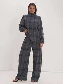 MUSEYN Grey Check Print High Neck Long Sleeve Oversized Top Versatile Everyday Casual Fall - Multicolor - View 3