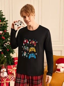 Notgurli Herrs loungewear med lång ärm och tecknad spelkonsoltryck - Svart - Visa 6