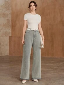 Anewsta Flared Rhinestone Studded Denim Jeans - Blue - View 5