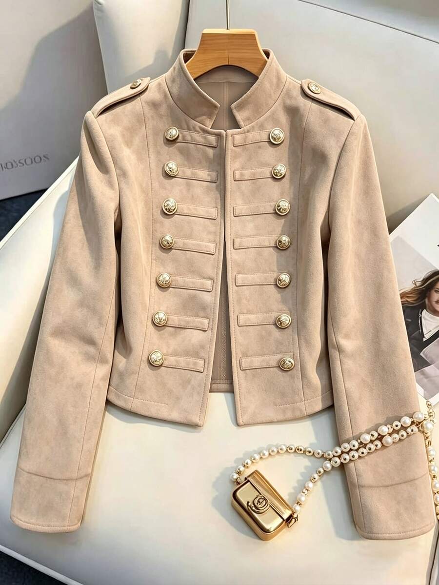 SHEIN Franclia Jaket Pendek Wanita Musim Gugur Musim Dingin Bahan Suede Imitasi Gaya Militer, Kerah Tegak, Kancing Emas Double Breasted, Epaulet Bahu, Mantel Pendek Depan Terbuka Gaya Vintage - Aprikot - View 1