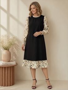 EMERY ROSE Women's Round Neck Patchwork Contrast Color Design Elegant Dress - Black - View 4
