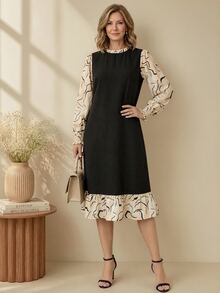 EMERY ROSE Women's Round Neck Patchwork Contrast Color Design Elegant Dress - Black - View 8