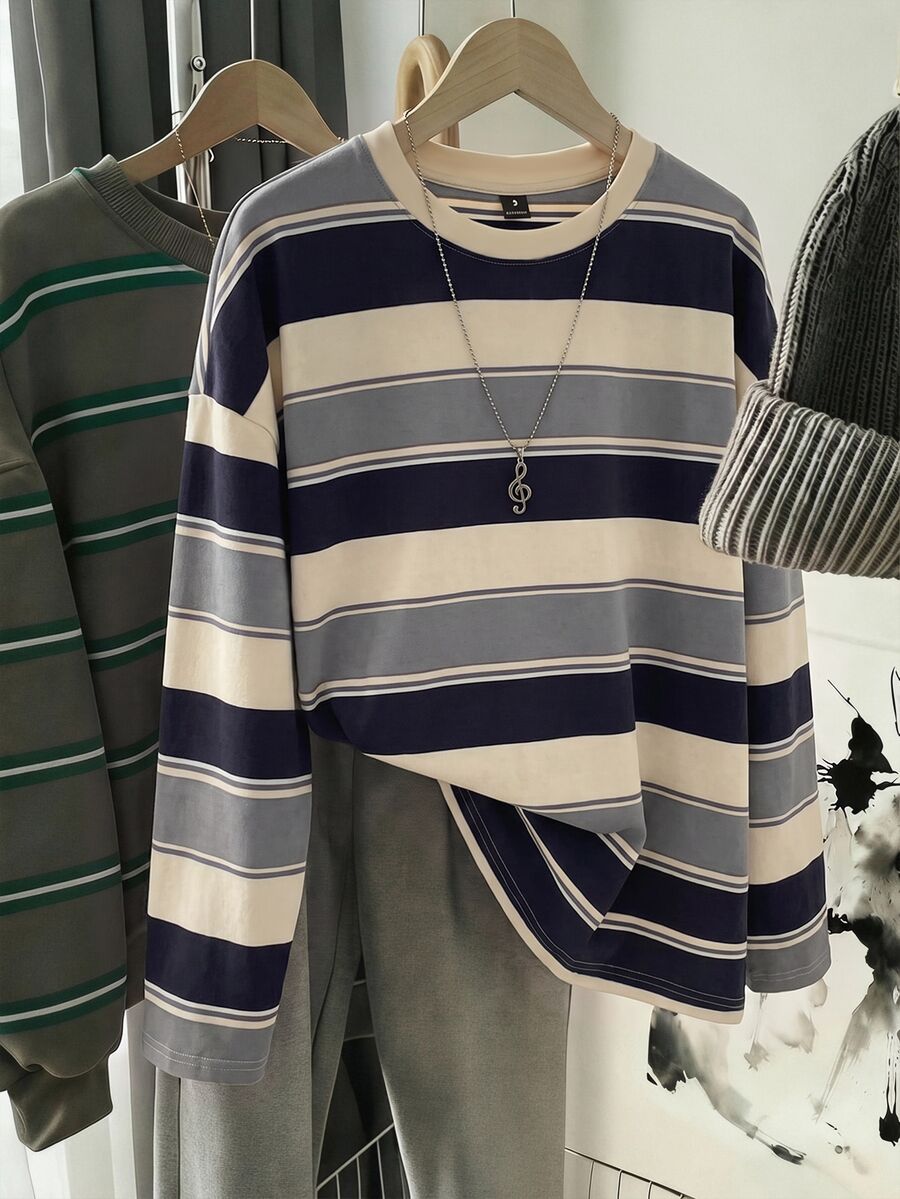 SHEIN EZwear 女款拼色休閒日常長袖T恤,適合夏季 - 彩色 - 查看 1