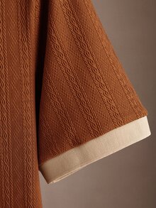 Core Aspect 男士棕色針織提花 Polo 衫 + 素色卡其長褲 2 件套，修身版型復古休閒套裝，適合日常、度假、商務休閒穿著 - 彩色 - 查看 3