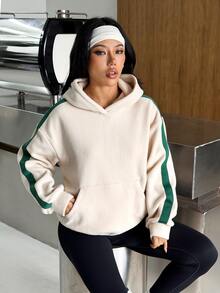 Muchica Sweatshirt Olahraga Wanita Motif Garis-Garis Blok Warna, Berkerudung, dengan Kantong, Potongan Longgar, Sweatshirt Gym, Atasan Olahraga, Pakaian Aktif, Fashion Kasual Nyaman untuk Musim Gugur dan Musim Dingin - Aprikot - View 5