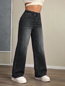 Selenza Plus Size Women's Elastic Waist Casual Daily Wear Denim Jeans - Black - View 3