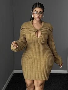 Maweii Woman Elegant, Fashionable, Sexy, Party,Khaki , A Fitted Mini Skirt,Winter,Halloween/Christmas, Long-Sleeved Plus-Size Women's Sweater Dress - Khaki - View 6