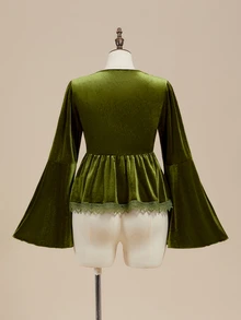 ROMWE Fairycore Plus Size Autumn/Winter Vintage Mori Style Floral Embroidered Velvet Drawstring Open Front A-Line Top - Green - View 2