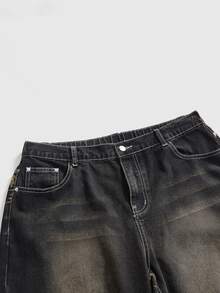ROMWE Grunge Punk Celana Jeans Denim Ukuran Besar Model Longgar Super Longgar dengan Motif Harimau Bordir Motif Gelap Gaya Punk Vintage yang Usang - Dark Grey - View 4