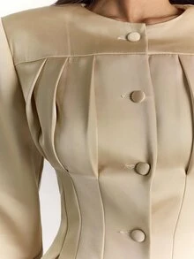 SHEIN BAE Blazer Wanita Warna Polos Kancing Tunggal Lengan Panjang dengan Detail Kerut di Pinggang untuk Aktivitas Komuter - Khaki - View 7