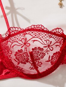 SHEIN 女款酒紅色浪漫刺繡綁帶丁字褲性感兩件套 - 紅色 - 查看 5