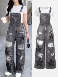 SHEIN Jumpsuit Denim Bertali Berlubang dengan Motif Bintang untuk Remaja Perempuan - Grey - View 1