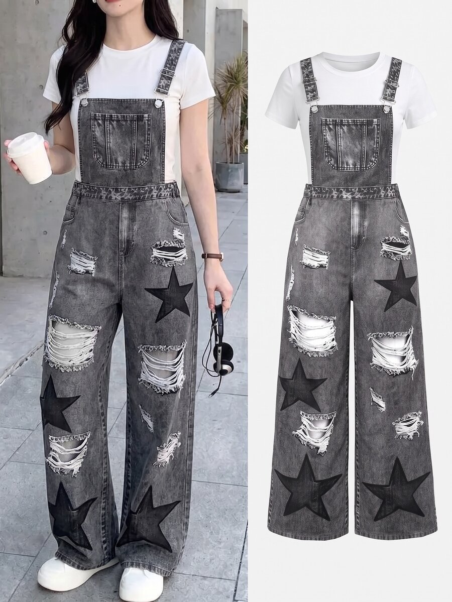 SHEIN Jumpsuit Denim Bertali Berlubang dengan Motif Bintang untuk Remaja Perempuan - Grey - View 1