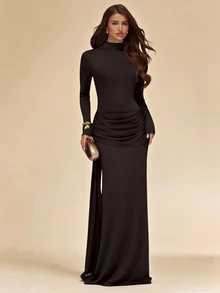 SHEIN BAE فستان ماكسي أنيق من الصوف المحبوك بقصة ضيقة وياقة وهمية وشريط، أكمام طويلة، بلون أخضر زيتوني سادة، للخريف/الشتاء - قهوة بني - مشاهدة 4