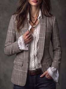 SHEIN Plaid Fake Pocket Shawl Collar Long Sleeve Blazer - Multicolor - View 1