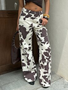Rivivi Petite Women's High Waist Cow Print Wide Leg Jeans - Multicolor - View 3