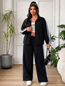 SHEIN EZwear 大尺碼女款對比色長袖上衣與長褲休閒日常兩件套秋季 - 黑與白 - 查看 5