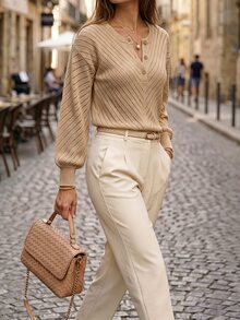 SHEIN Women's Autumn/Winter Casual Lantern Sleeve Hollow Out Decor Long Sleeve Sweater - Khaki - View 3