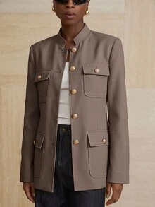 Aveloria Modichic Small Stand Collar Tweed Single-Breasted Metal Button Decor Belted Utility Jacket - Brown - View 3
