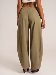 SHEIN BAE Women's Solid Color Versatile Casual Elastic Waist Curved Leg Tapered Long Pants - Army Green - View 2