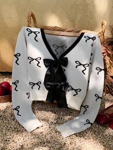 Comfortcana Women's Thin Cardigan Sweater With Bow Pattern And Bow Decor, Casual Fashion Creative Personalized Fresh Cute - White - View 4