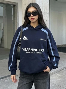 DAZY 女款深藍色連帽字母印花拼色條紋寬鬆落肩長袖休閒運動衛衣 - 藏蓝色 - 查看 4
