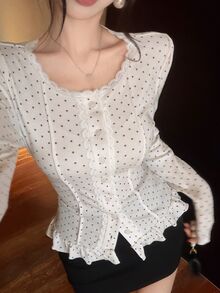 Dazy Tall Women's Round Neck Lace Patchwork Polka Dot Elegant T-Shirt - White - View 7