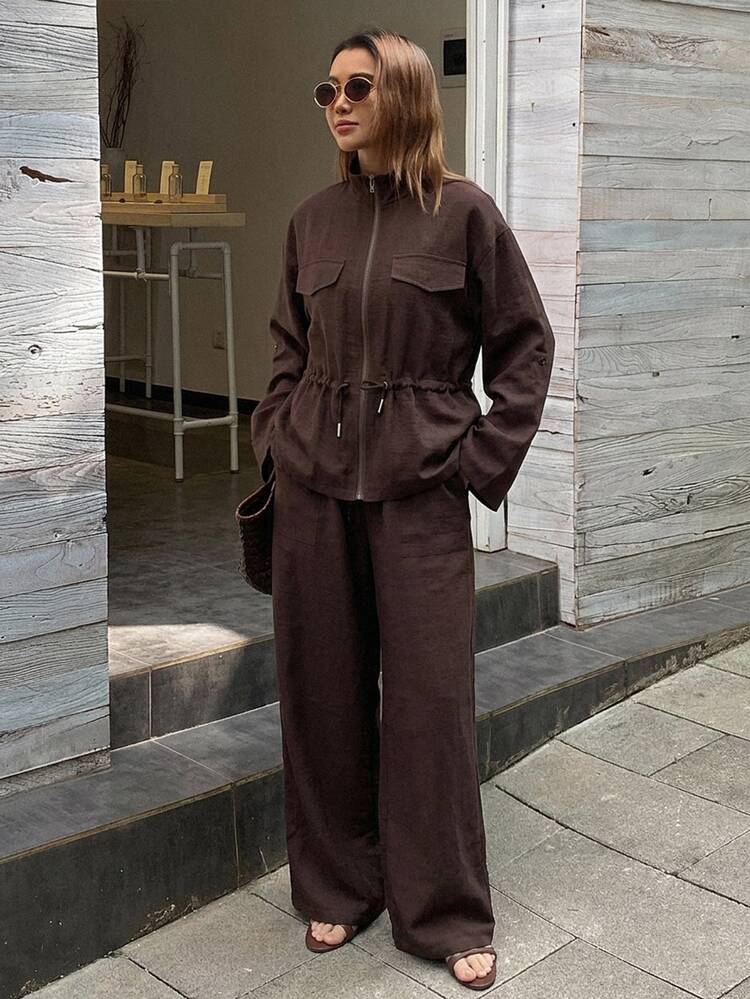 Dazy Tall 女款立領長袖拉鍊收腰大口袋夾克搭配寬腿褲，咖啡棕色 2 件套 - 咖啡棕 - 查看 5