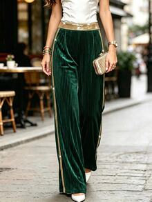 Balvessa Elegant Dark Green Glossy Sequin Trim Patchwork Velvet Textured Wide Leg Women's Long Pants For Autumn/Winter Party - Multicolor - View 1