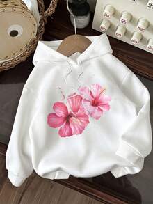 Divinelle 白色休閒極簡日常百搭粉色花卉印花連帽長袖寬鬆女款加厚衛衣，適合秋冬，舒適 - 白色 - 查看 1