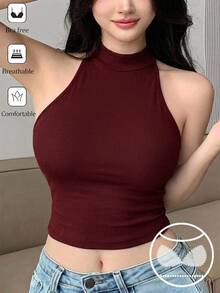 DAZY 女款素色無袖小立領修身背心內搭衫 - 酒紅色 - 查看 3