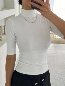 DAZY 女款素色高領休閒日常穿搭T恤 - 白色 - 查看 3