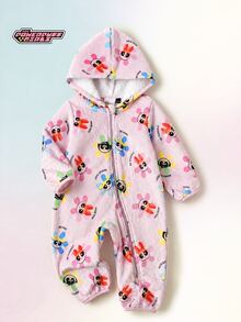THE POWERPUFF GIRLS X SHEIN Baby Girl Cartoon Pattern Zipper Front Hooded Autumn Romper - Pink - View 1