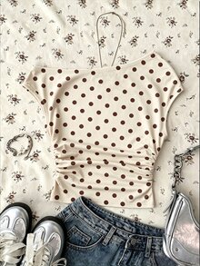 Teen Girls Apricot Casual Minimalist Fitted Asymmetrical Shoulder Ruched Cropped Top, Suitable For Spring/Summer, Personalized Outfit, Daily Wear - White - View 7